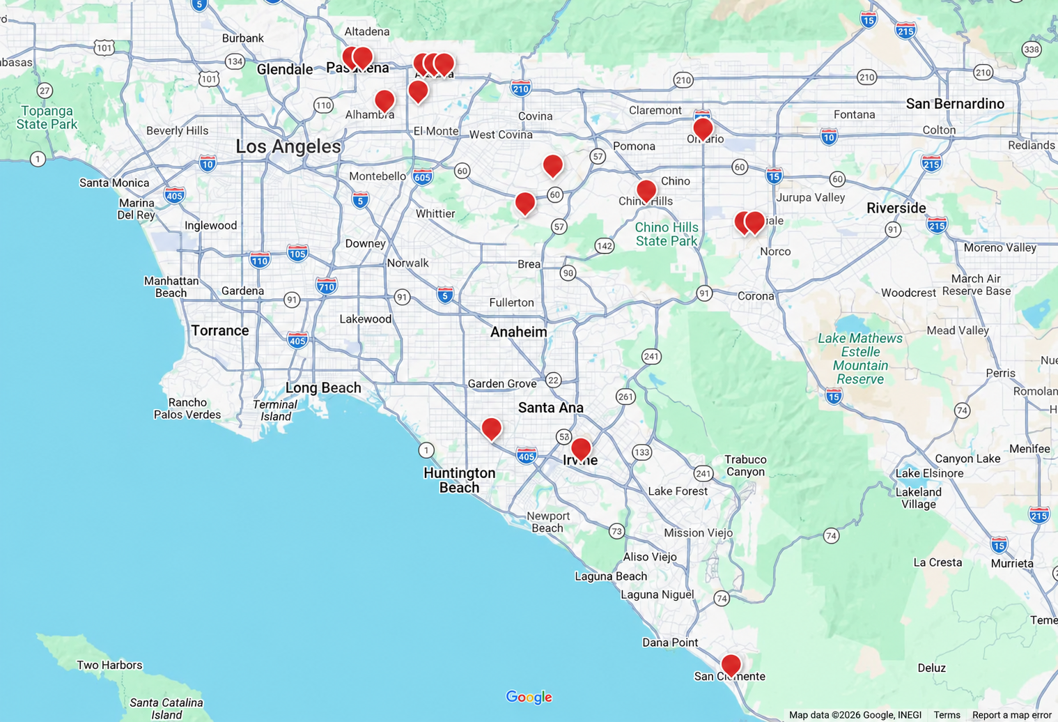 Southern California map with red markers showing approximate property locations