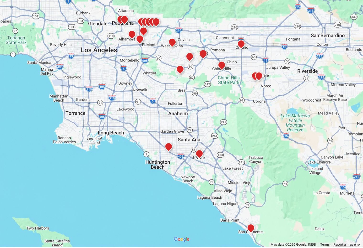 Southern California map with red markers showing approximate property locations