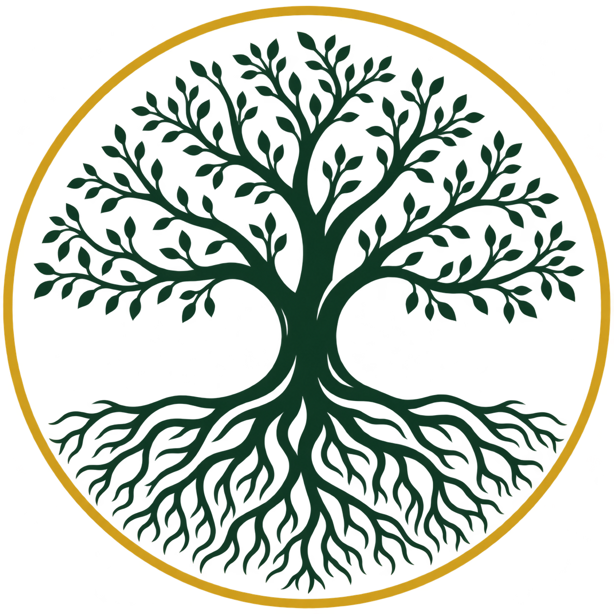 Tree with deep roots inside a gold circle